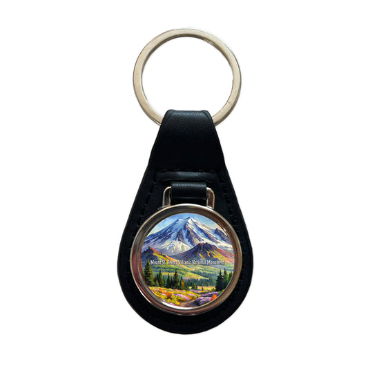 Mount St. Helens Volcanic National Monument Washington Black Leather Metal Keychain