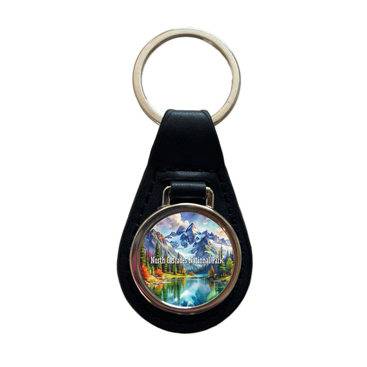 North Cascades National Park Washington Black Leather Metal Keychain