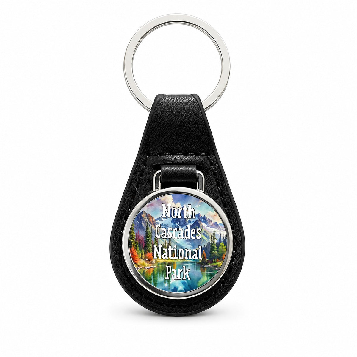 North Cascades National Park Washington Black Leather Metal Keychain