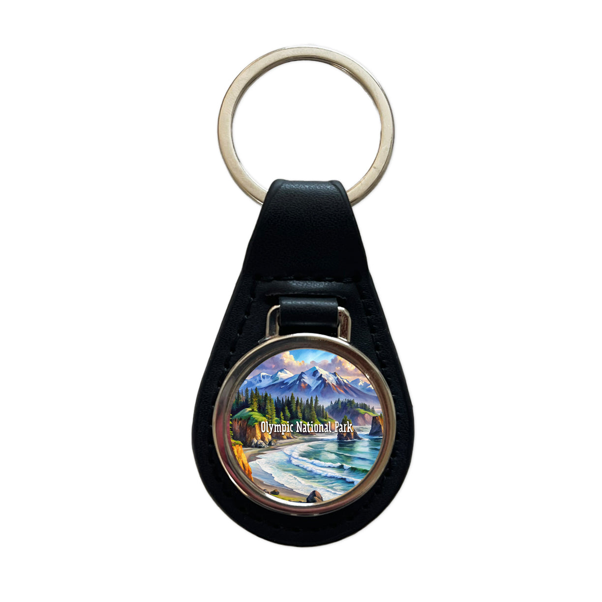 Olympic National Park Washington Black Leather Metal Keychain