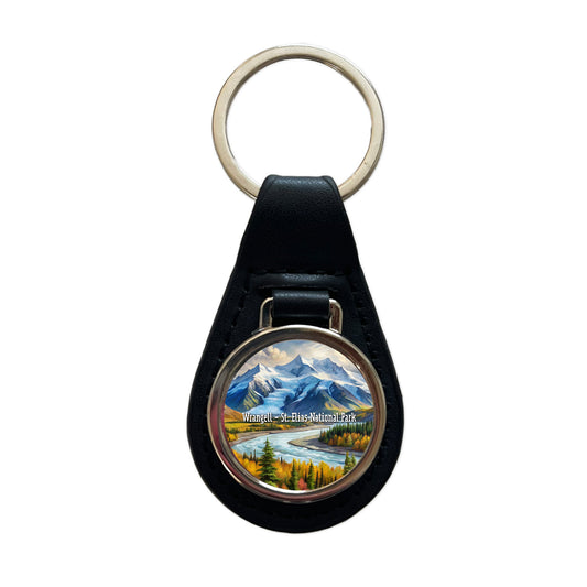 Wrangell - St. Elias National Park Alaska Black Leather Metal Keychain