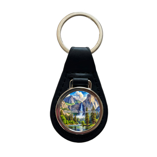 Yosemite National Park Yosemite Falls Black Leather Metal Keychain