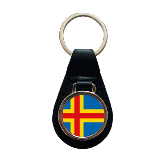 Aland Islands Country Flag Black Leather Metal Keychain