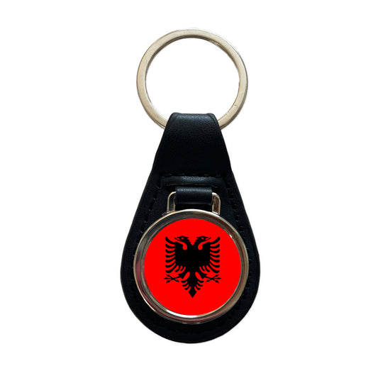 Albania Country Flag Black Leather Metal Keychain