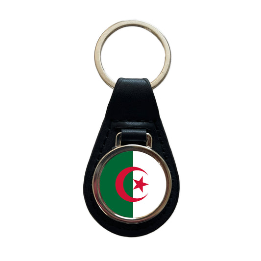 Algeria Country Flag Black Leather Metal Keychain