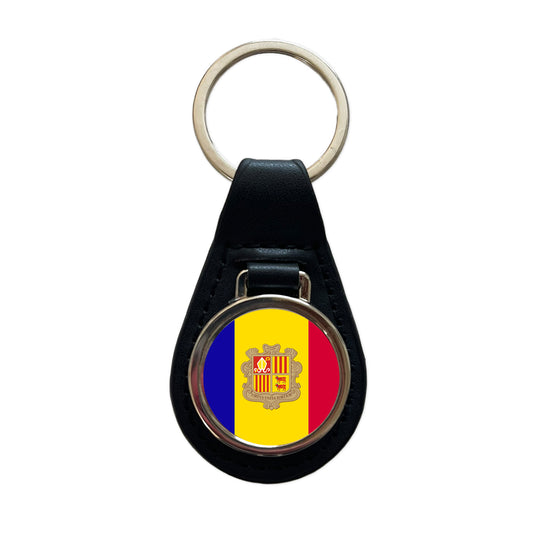 Andorra Country Flag Black Leather Metal Keychain
