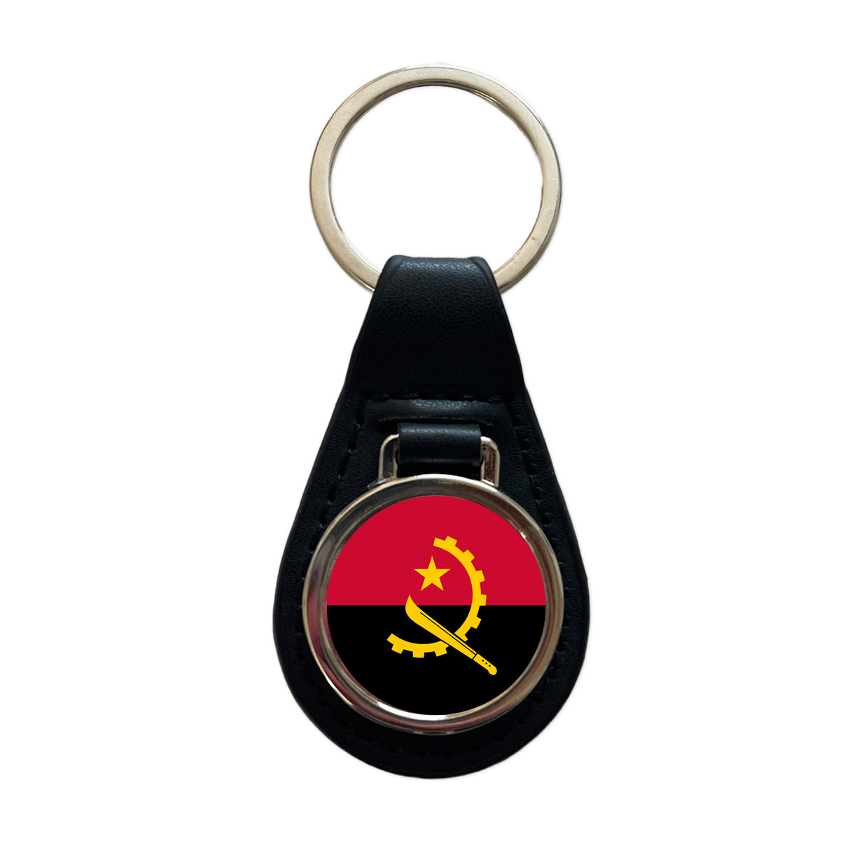 Angola Country Flag Black Leather Metal Keychain