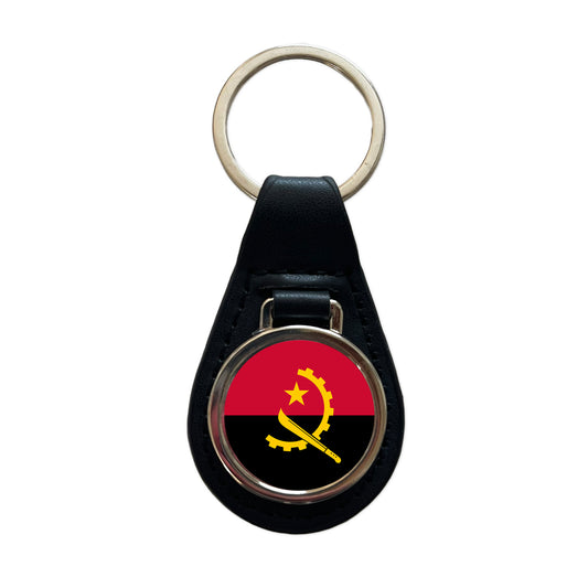 Angola Country Flag Black Leather Metal Keychain