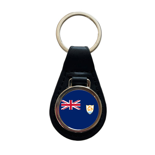 Anguilla Country Flag Black Leather Metal Keychain