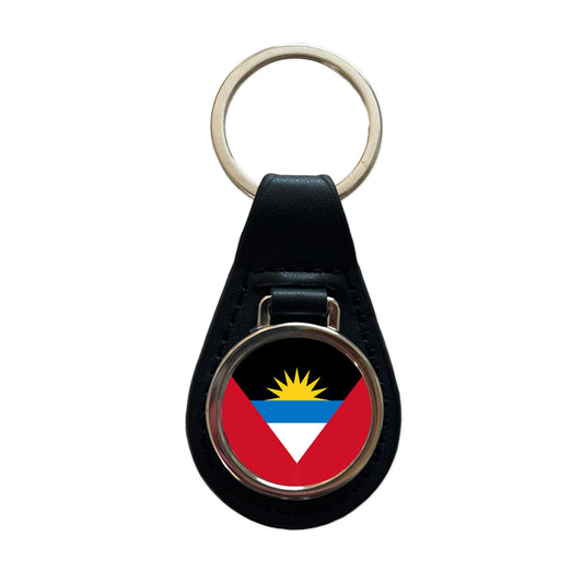 Antigua and Barbuda Country Flag Black Leather Metal Keychain