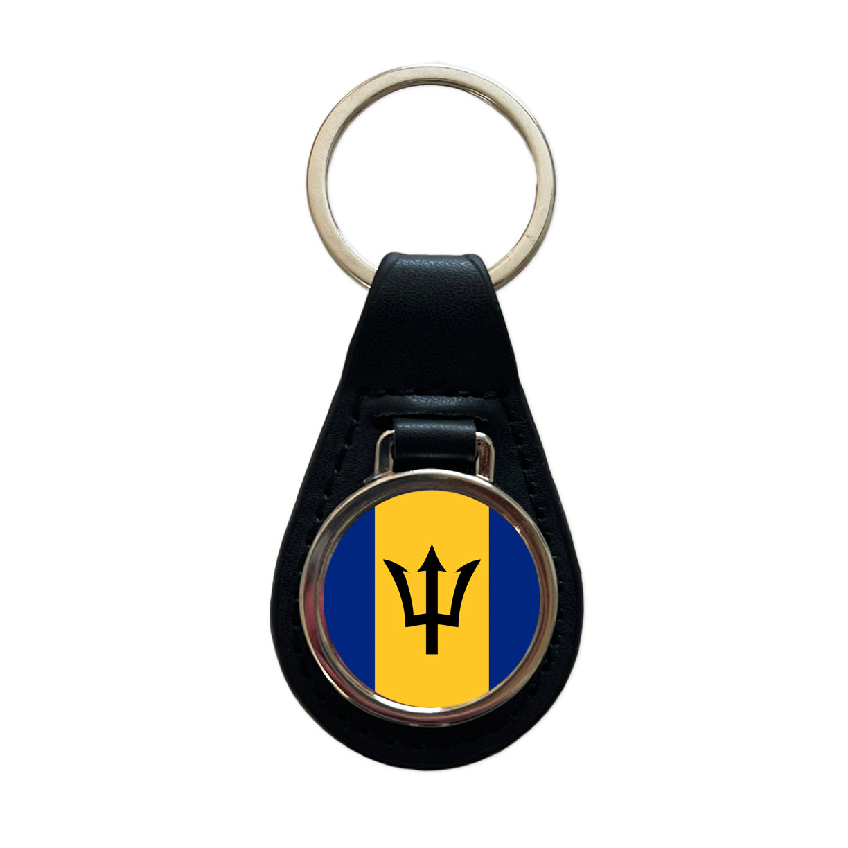 Barbados Country Flag Black Leather Metal Keychain
