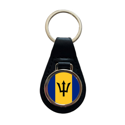 Barbados Country Flag Black Leather Metal Keychain