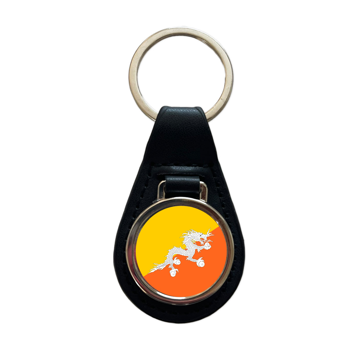 Bhutan Country Flag Black Leather Metal Keychain