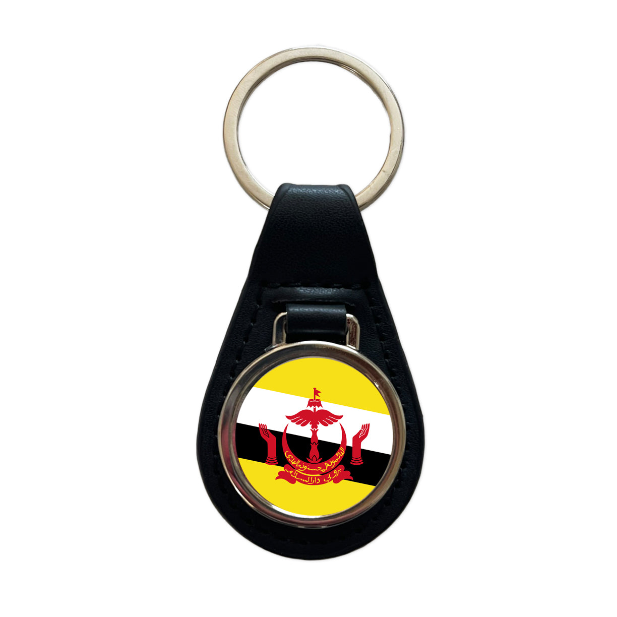 Brunei Darussalam Country Flag Black Leather Metal Keychain