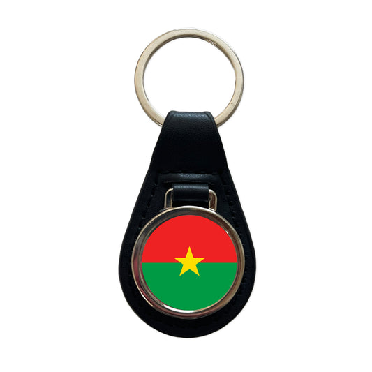 Burkina Faso Country Flag Black Leather Metal Keychain
