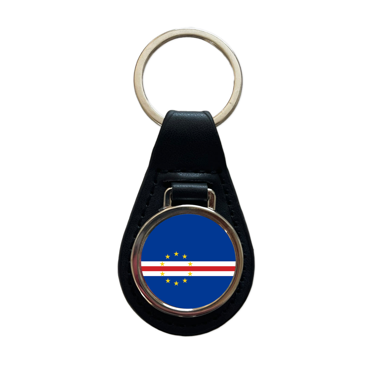 Cabo Verde Country Flag Black Leather Metal Keychain