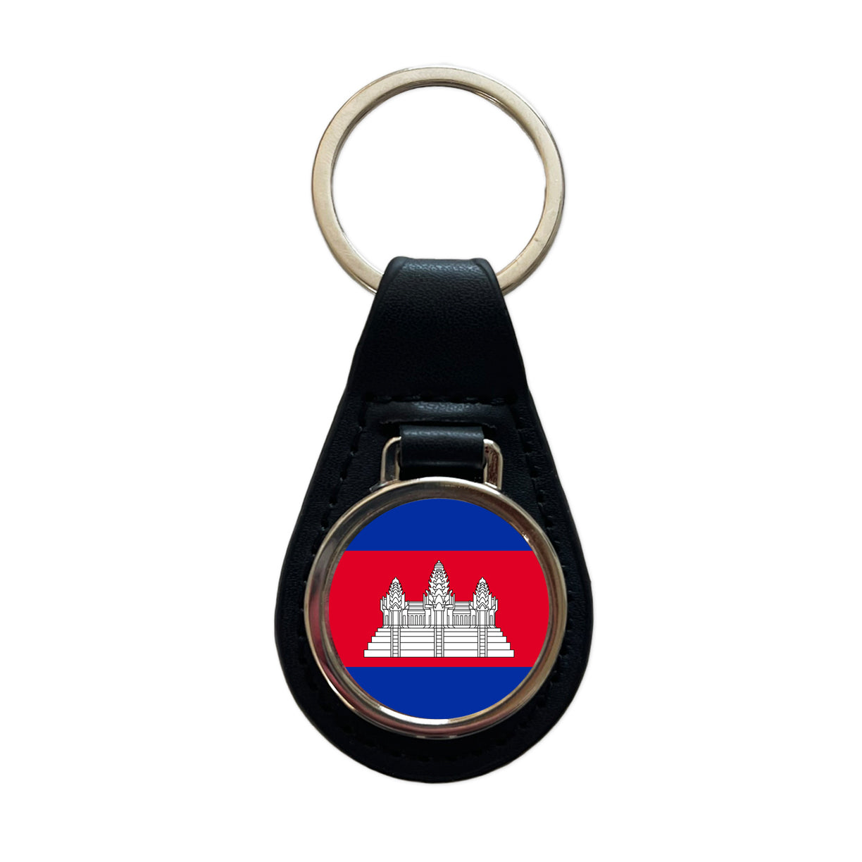 Cambodia Country Flag Black Leather Metal Keychain