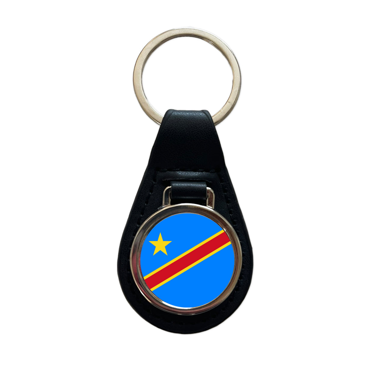Congo (the Democratic Republic of the) Country Flag Black Leather Metal Keychain