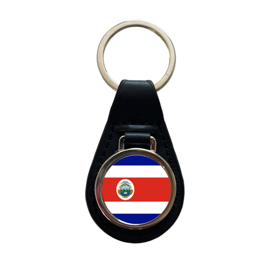 Costa Rica Country Flag Black Leather Metal Keychain