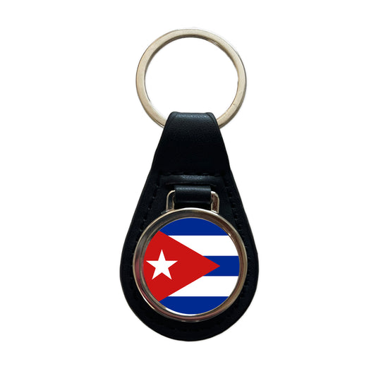 Cuba Country Flag Black Leather Metal Keychain