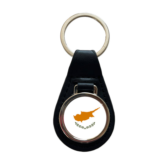 Cyprus Country Flag Black Leather Metal Keychain