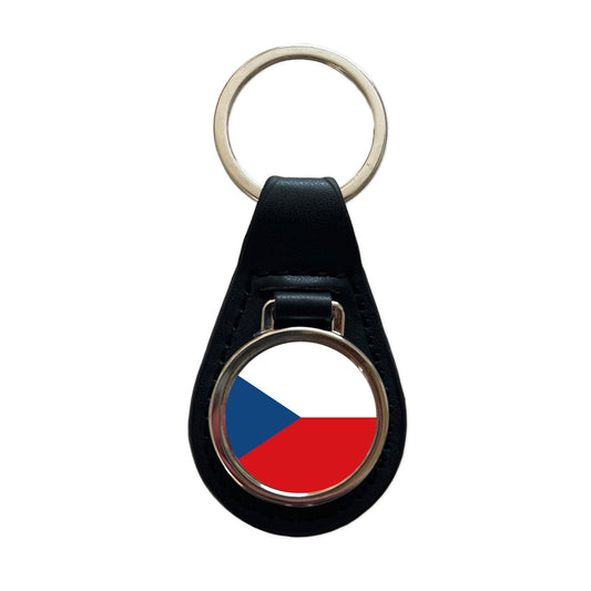 Czechia Country Flag Black Leather Metal Keychain