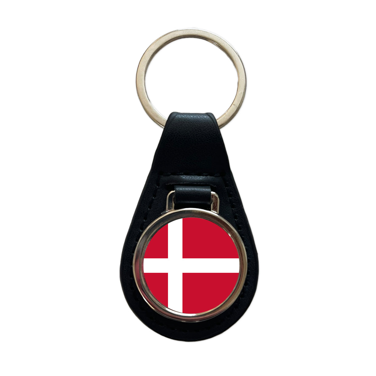 Denmark Country Flag Black Leather Metal Keychain