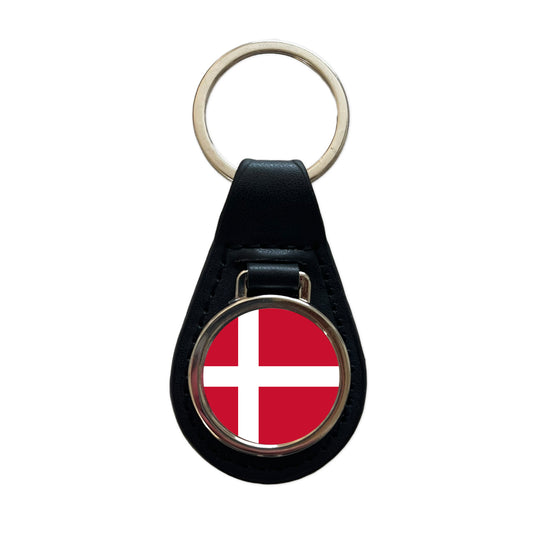 Denmark Country Flag Black Leather Metal Keychain