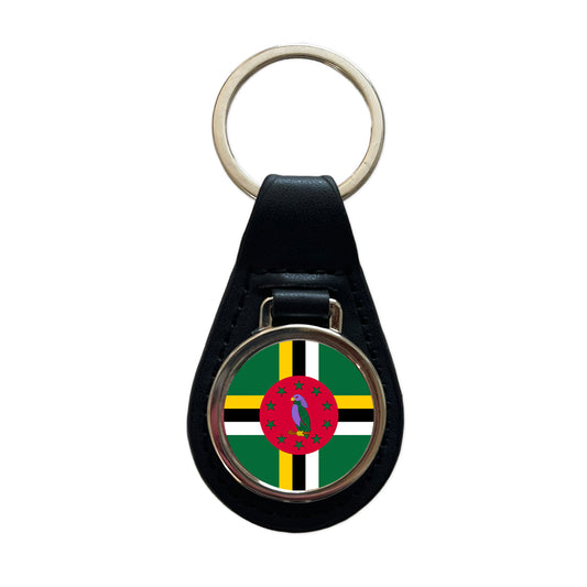Dominica Country Flag Black Leather Metal Keychain