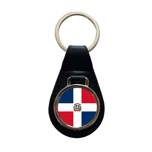 Dominican Republic Country Flag Black Leather Metal Keychain