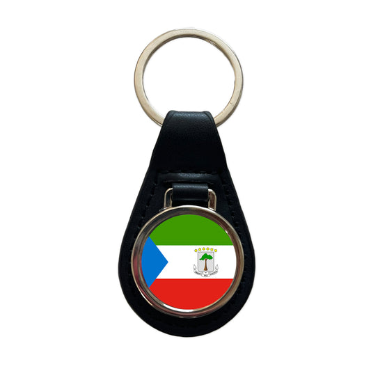 Equatorial Guinea Country Flag Black Leather Metal Keychain