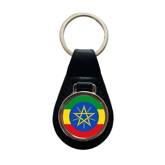 Ethiopia Country Flag Black Leather Metal Keychain