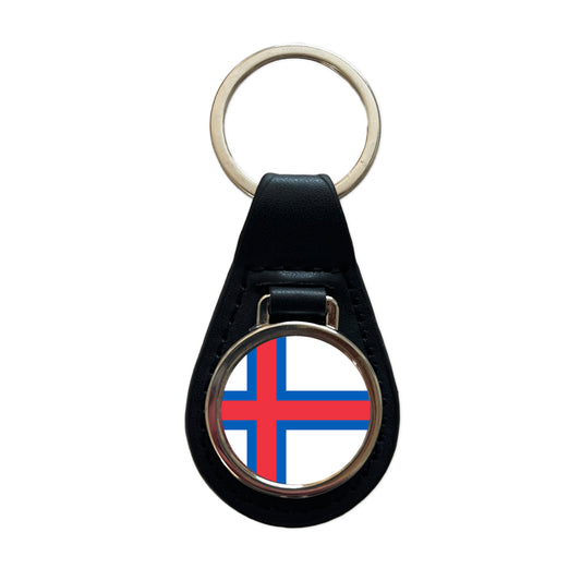 Faroe Islands Country Flag Black Leather Metal Keychain