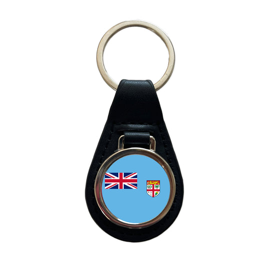 Fiji Country Flag Black Leather Metal Keychain