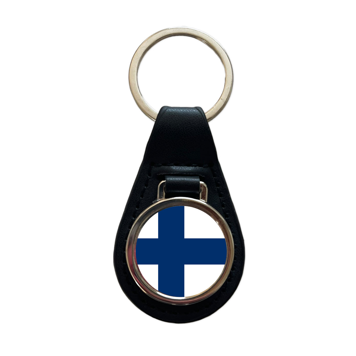 Finland Country Flag Black Leather Metal Keychain
