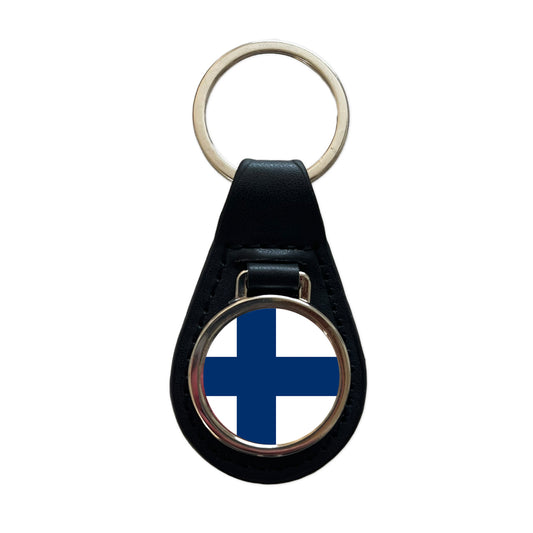 Finland Country Flag Black Leather Metal Keychain