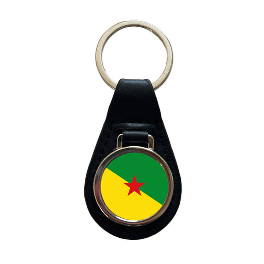 French Guiana Country Flag Black Leather Metal Keychain