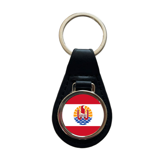 French Polynesia Country Flag Black Leather Metal Keychain