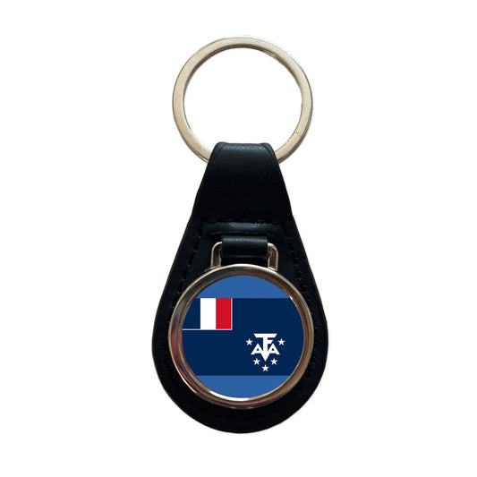 French Southern Territories Country Flag Black Leather Metal Keychain