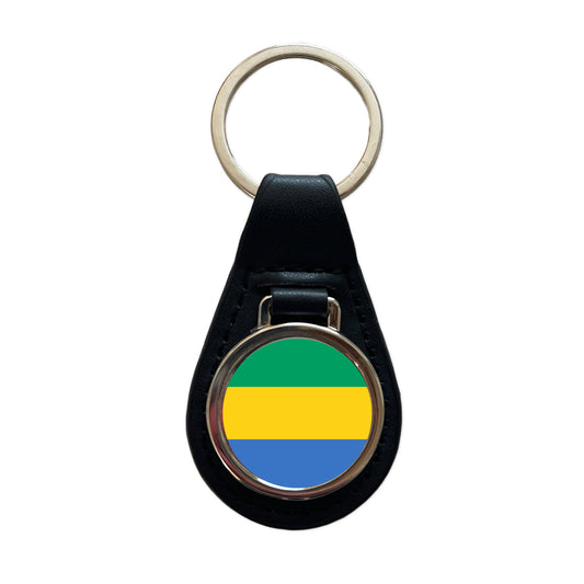Gabon Country Flag Black Leather Metal Keychain