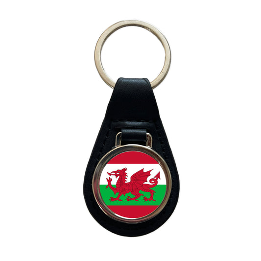 Great Britain Wales Country Flag Black Leather Metal Keychain