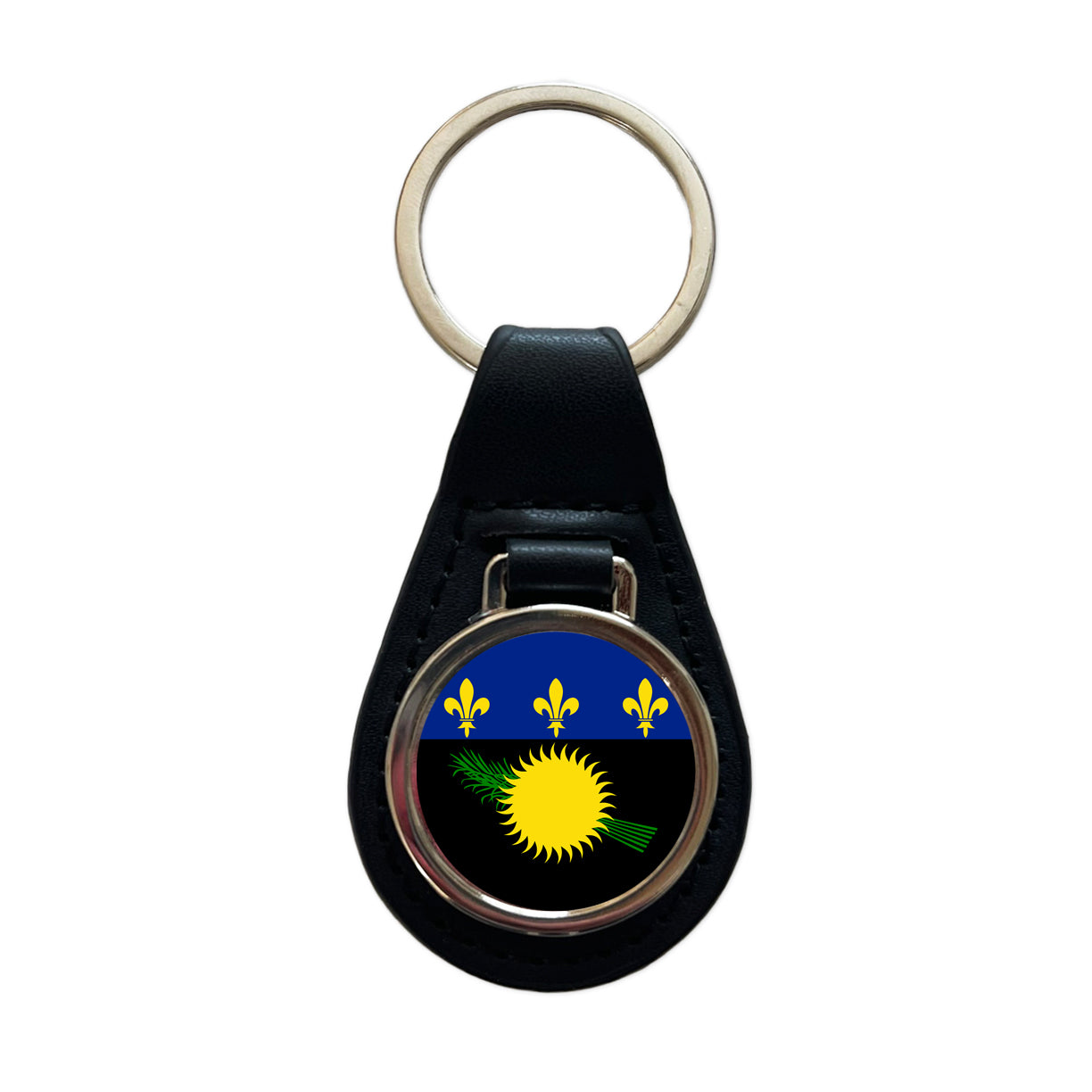 Guadeloupe Country Flag Black Leather Metal Keychain
