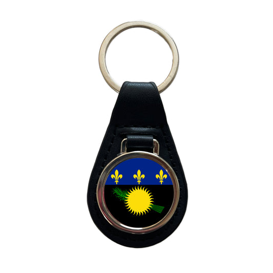 Guadeloupe Country Flag Black Leather Metal Keychain