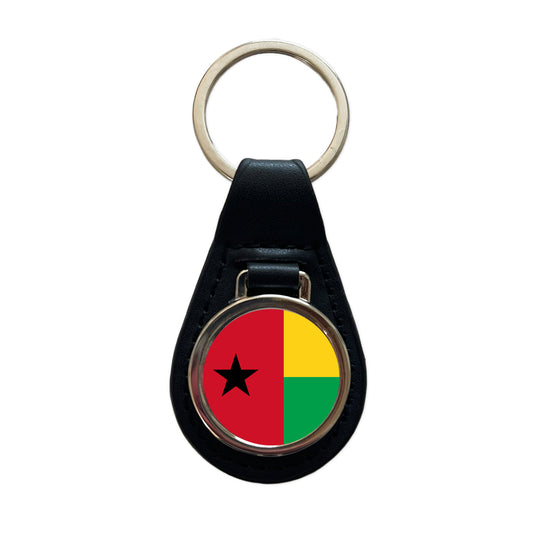 Guinea-Bissau Country Flag Black Leather Metal Keychain