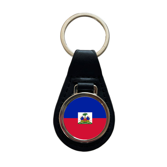 Haiti Country Flag Black Leather Metal Keychain