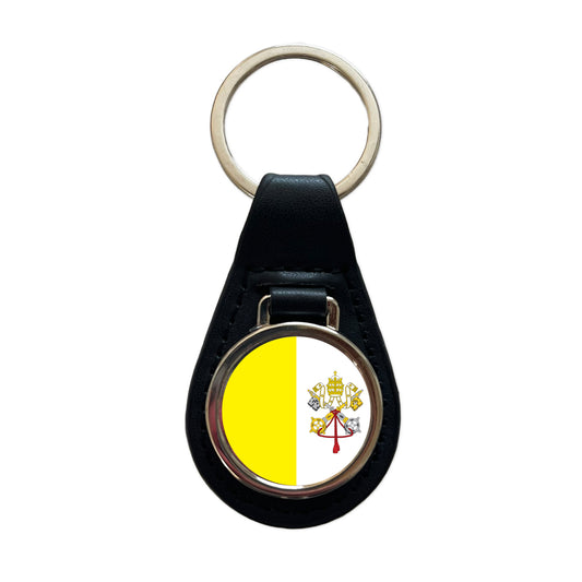 Holy See Country Flag Black Leather Metal Keychain