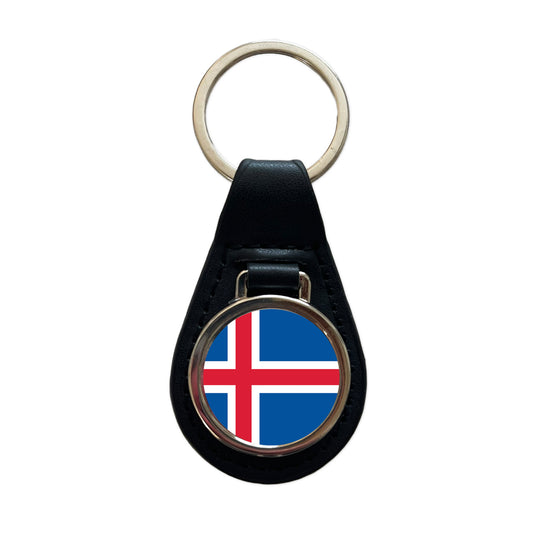 Iceland Country Flag Black Leather Metal Keychain