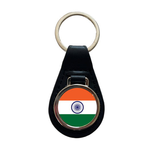 India Country Flag Black Leather Metal Keychain