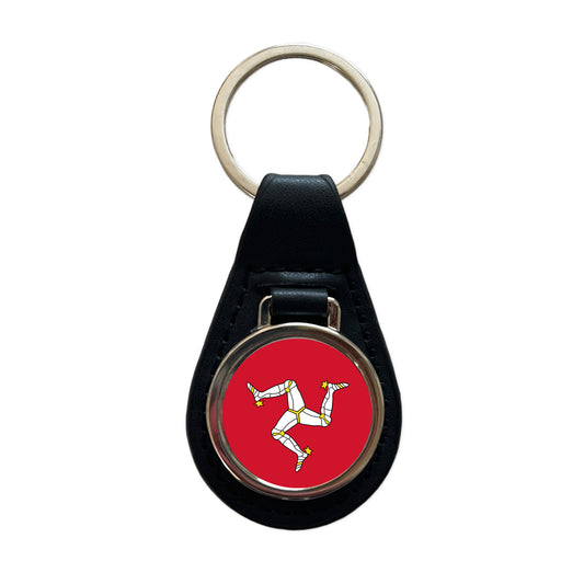 Isle of Man Country Flag Black Leather Metal Keychain