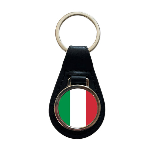 Italy Country Flag Black Leather Metal Keychain